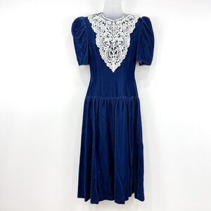 Gunne Sax Dress Women 5 Royal Blue VTG 80s Velvet Cottagecore Pilgrim Drop Waist